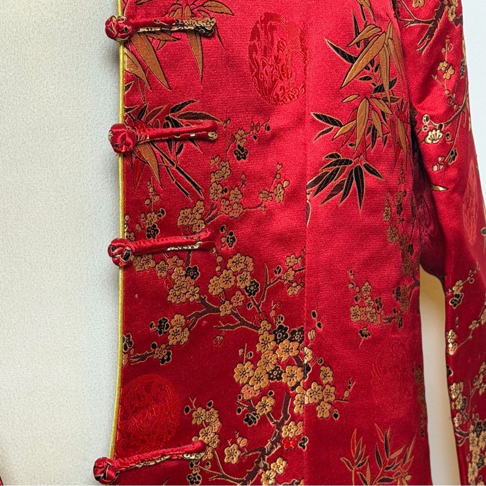 Asian Silk Red Gold Floral Women’s Jacket Blazer Size XXL Frog Button Closure - Picture 10 of 16